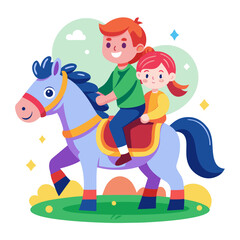 Fototapeta premium Children Enjoying a Joyful Horse Ride Together Outdoors