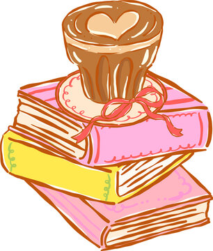 Preppy Coffee Bookish Heart Latte Coffee Cup on Stack of Books Whimsical Hand Drawn