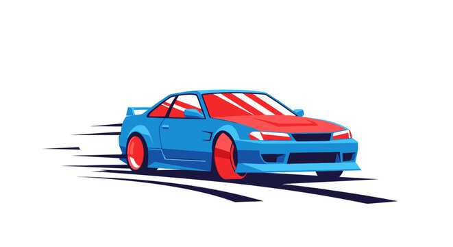 Drifting Sports Car, Blue and Red, Motion Blur, Vector Art