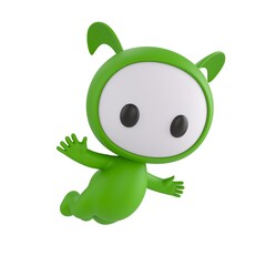 Fototapeta premium Cute 3D render Little Green Monster character flying freely in the air, joyful and carefree mascot style, isolated on white background for freedom, imagination, and digital design.