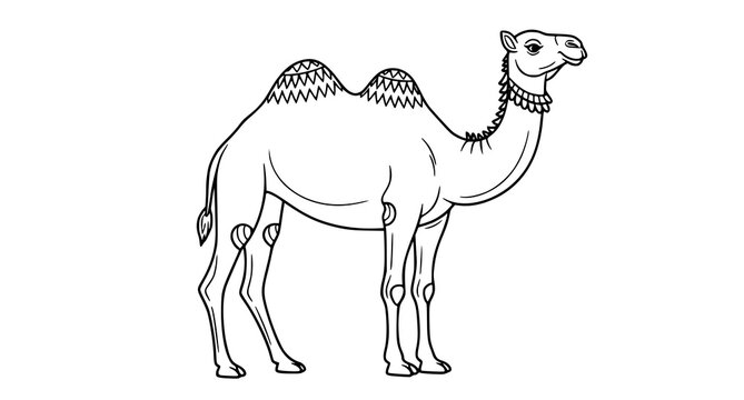 Charming black and white illustration of a camel standing gracefully a detailed line art depiction for coloring pages and educational purposes