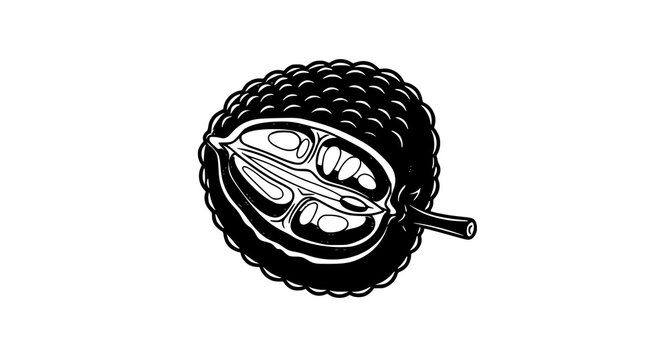 Detailed black and white illustration of a soursop fruit cut in half revealing its internal structure and texture