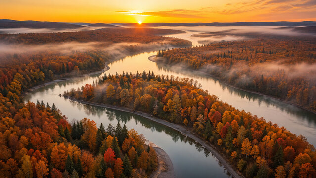 Vue a&eacute;rienne d&rsquo;une rivi&egrave;re sinueuse traversant une for&ecirc;t d&rsquo;automne au lever du soleil