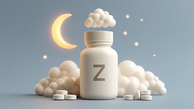Minimal white sleep supplement bottle with moon, clouds, stars and tablets illustrating melatonin and bedtime support