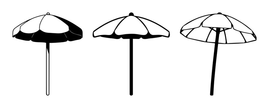 Beach umbrella set with solid black icon design featuring beach umbrella, icon, vector with white background and simplicity