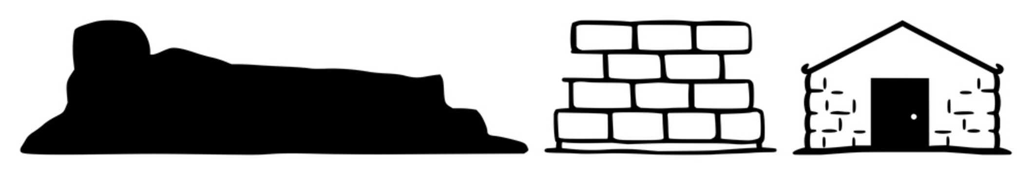 Solid black icon, white background: basement icon set with simple line art design featuring sketches, drawings, vector graphics with minimalist and simple illustrations