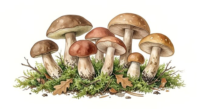 Watercolor botanical illustration of wild mushrooms and porcini growing in lush green moss with dry autumn leaves. Vintage nature art isolated on white background.