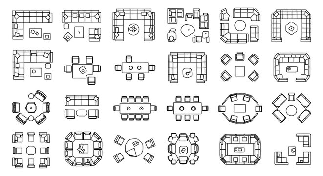 architectural furniture symbols interior design floor plan cad vector icons illustrating various room layouts for professional space planning.