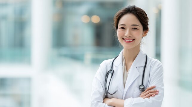 Smiling Healthcare Professional: An inviting image of a doctor with a stethoscope in a bright, modern setting, radiating confidence and approachability. 