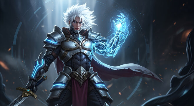 Powerful fantasy knight warrior with glowing blue magic armor and sword standing in a dark atmospheric background