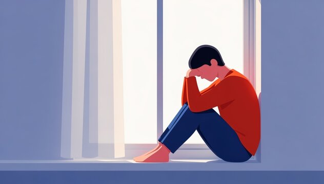 Modern flat illustration of a depressed man sitting alone by the window holding his head, concept of mental health, anxiety, depression, and loneliness.
