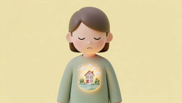 a sad or peaceful character with a glowing house inside chest, representing homesickness, inner peace, and mental health concept.