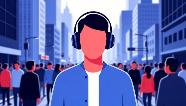 Modern flat illustration of a man wearing headphones standing in a crowded city street, concept of listening to music, isolation in a crowd, and urban lifestyle.