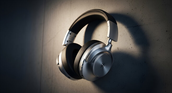 High-quality professional studio headphones on a dark grey background with dramatic lighting, music concept