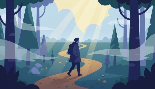 a man with a backpack hiking on a winding path through a misty forest with sunbeams, concept of journey, exploration, and new life direction.