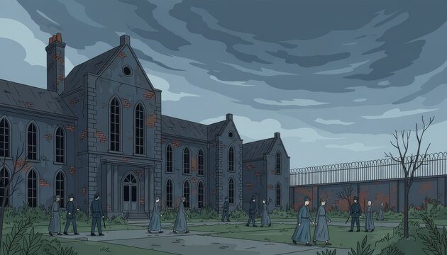 people in uniform walking in front of an old gloomy prison building under a dark stormy sky, concept of captivity and historical facility.