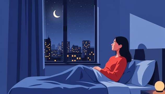 Modern flat illustration of a young woman lying in bed at night, looking out the window at the city skyline, moon, and stars, concept of insomnia or dreaming.