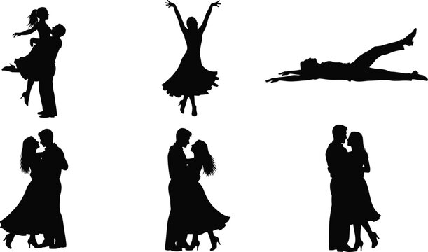 Romantic dancing couple silhouette collection, graceful love embrace and ballet poses, elegant black vector illustration isolated on white background