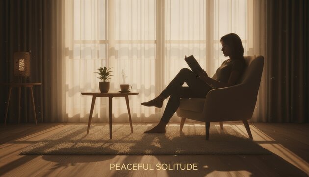 Silhouette of a young woman sitting on a cozy armchair and reading a book by the window, enjoying peaceful solitude with a hot cup of coffee at home.