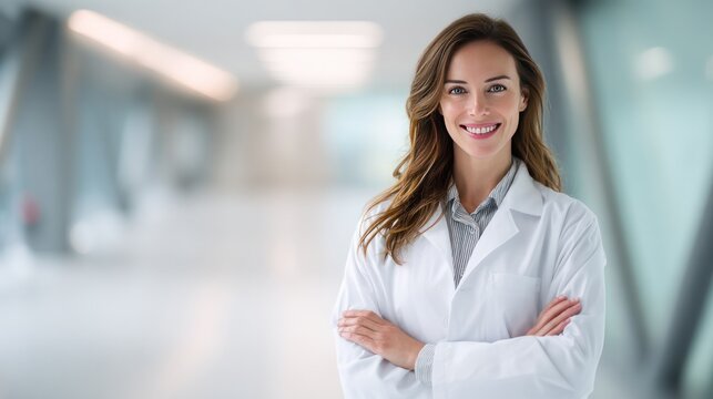 Confident Healthcare Professional in a Modern Setting: A cheerful and assured female healthcare worker, radiating professionalism and positivity, stands in a bright, modern hospital corridor.