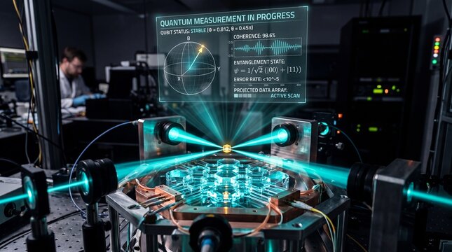 Quantum Measurement Apparatus with Holographic Readout Projection and Delicate Crystalline Sensor Array Focusing on Single Suspended Qubit with Converging Teal Beams