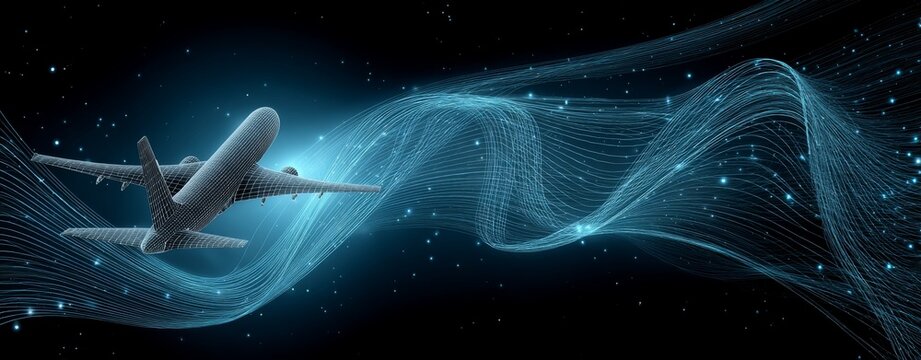 An airplane wireframe in a digital realm highlights next‑generation aviation technology