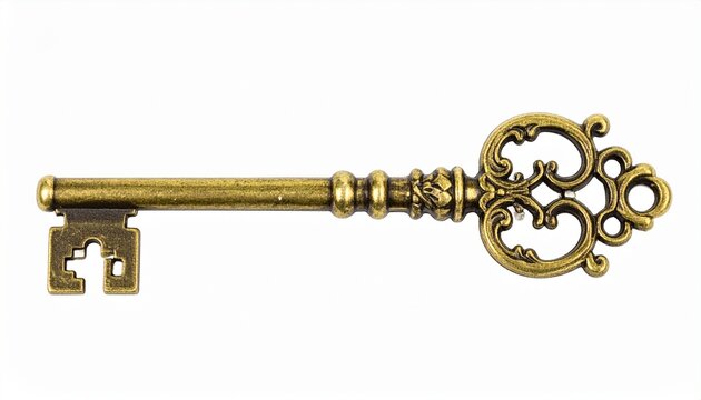 Antique brass key ornate bow decorative loops glossy white background