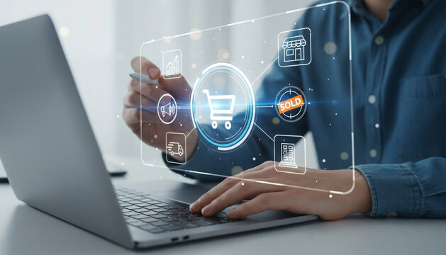 Close up of hand interacting with digital screen displaying ecommerce icons and shopping cart for online sales and business growth.