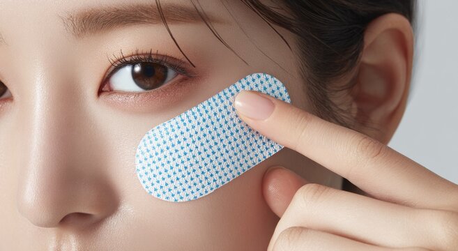 Close‑up of a woman placing a futuristic smart health patch with built‑in sensors on her face to enable real‑time health tracking