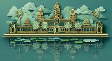 Naklejka premium Elegant illustration in gold line art shows the Angkor Wat temple silhouette over a dark green textured background