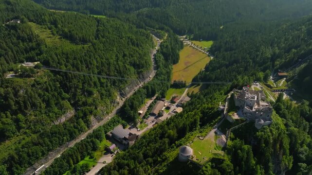 Aerial view of Ehrenberg Castle and Highline 179 bridge in Austria. Scenic landscapes of the Alpine mountains, travel in Europe.