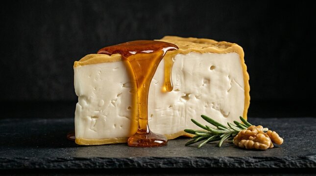 Block of cheese with honey drizzle and walnuts on slate background  