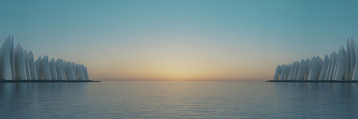 Obraz premium A serene and futuristic cityscape at sunset with saillike structures on either side of a calm body of water