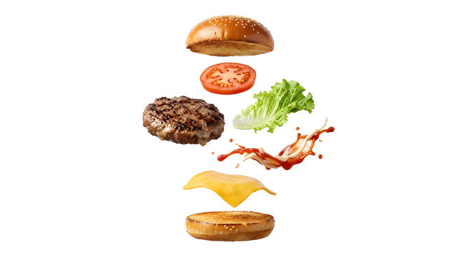 Deconstructed Burger Ingredients Floating with Sauce Splash, Isolated PNG on White Background, Modern Food Concept