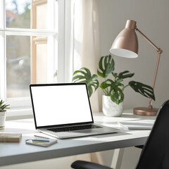 Fototapeta premium Bright modern office desk with laptop and several green potted plants in sunlight celebrating labor day productivity and clean professional environment