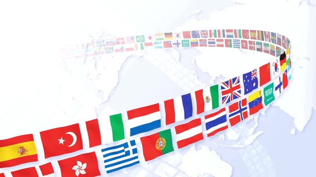 International flags waving in a circular motion, symbolizing global unity and diversity.