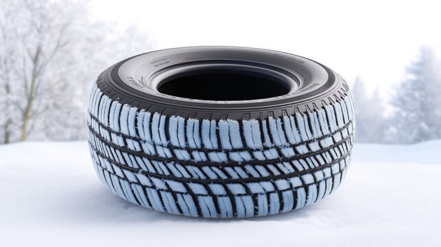 Winter tire standing on snowy ground in outdoor winter landscape