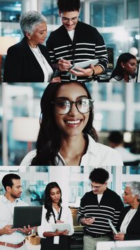 Series, face and business people in office for coding, planning and high five for success. Team, programming or discussion with tech for software goal, app launch or meeting with portrait on montage