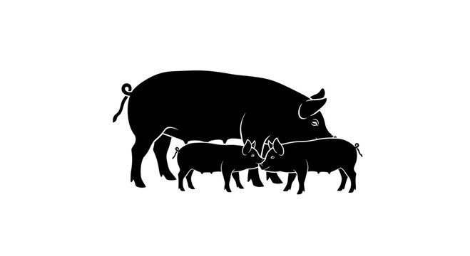 Black sow silhouette and two piglets vector illustration