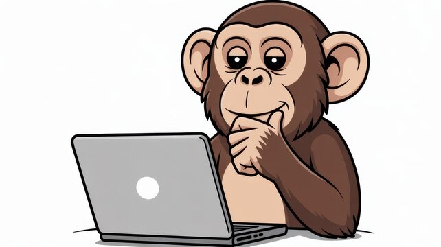 Cartoon chimpanzee character using a laptop and thinking, isolated on white background