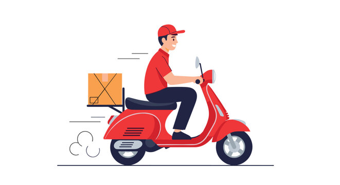 Fast and efficient delivery man riding a red scooter with a package box on the back for quick home delivery services.