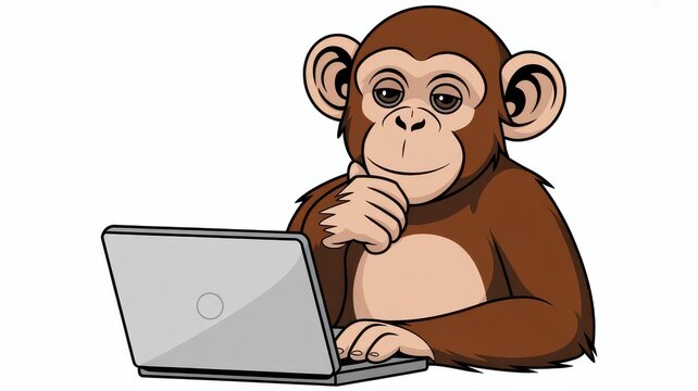 Cartoon monkey character typing on a laptop and smiling, isolated on white background