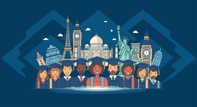 Illustration of diverse people in front of famous landmarks from around the world on a blue background with a diamond pattern.