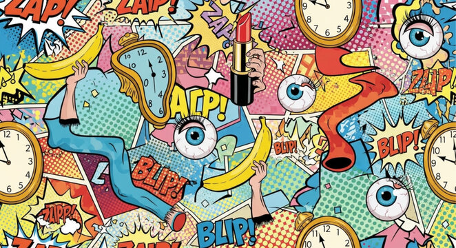 Surreal Pop Art Collage with Clocks and Bananas.