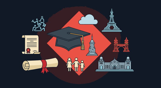 Flat lay illustration of education and travel icons including graduation cap, landmarks, and scroll on red and brown background.