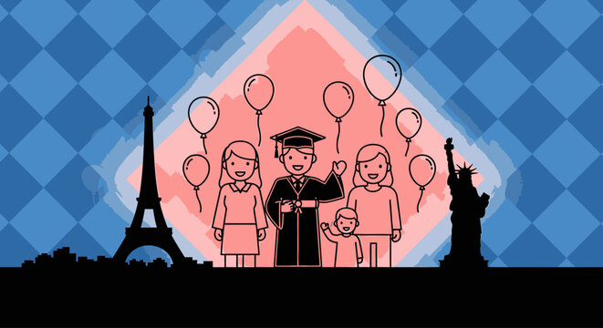 Illustration of a graduate with family and iconic landmarks in a colorful, celebratory graphic composition with balloons.