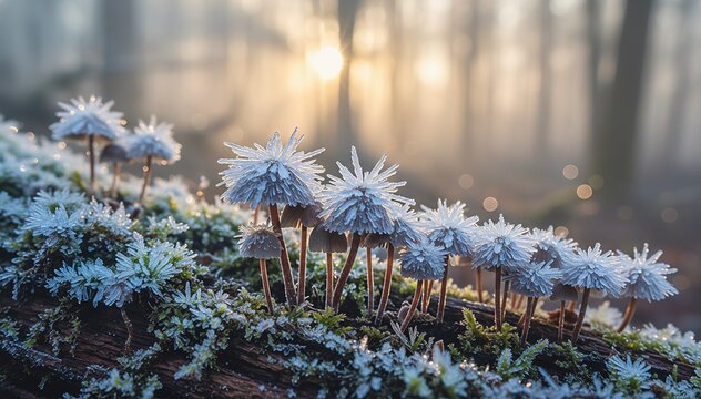 Crystalline Morning Frost on Wild Forest Fungi Macro Photography