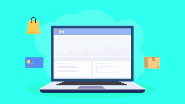 Animated laptop displaying ecommerce dashboard with shopping bag, product package, and online transaction elements in clean flat design on teal background.