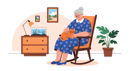 Fototapeta premium Elderly woman sits in a wooden rocking chair while petting a ginger cat in a cozy living room featuring an aquarium and plants.