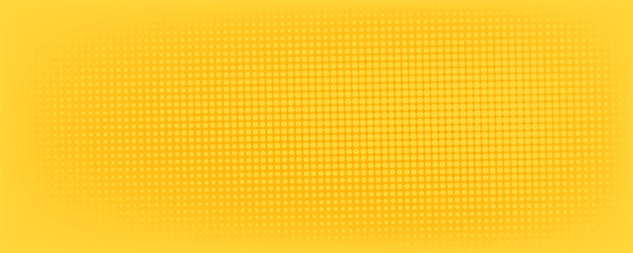Yellow halftone pattern. Retro comic gradient background. Bright orange pixelated dotted texture overlay. Vector backdrop for poster, banner, advertisement